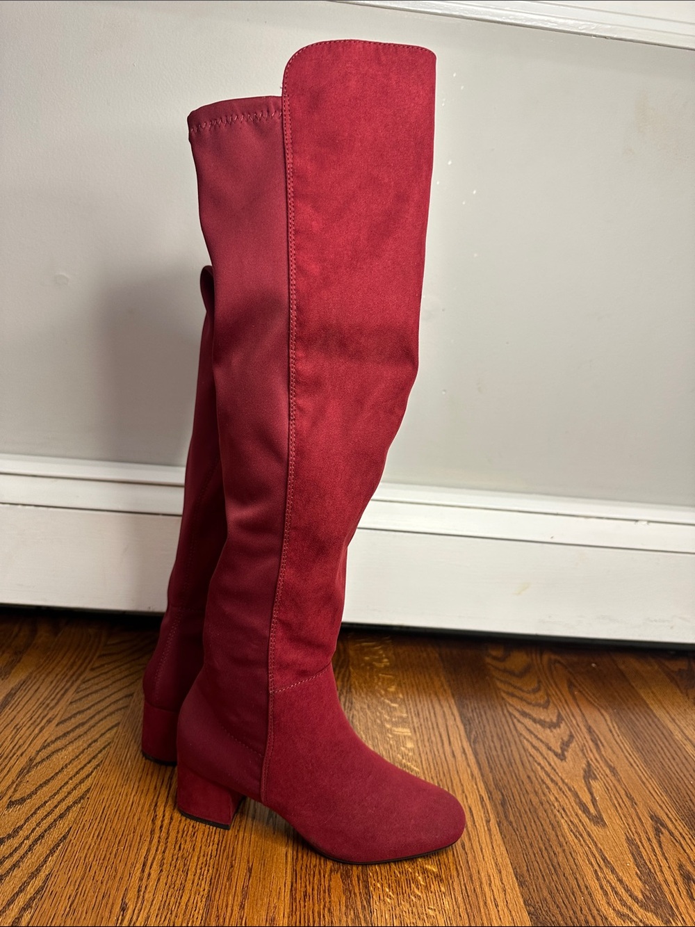 Rouge Helium Red Over-the-Knee Block Heel Boots burgundy free, pets, and smoke